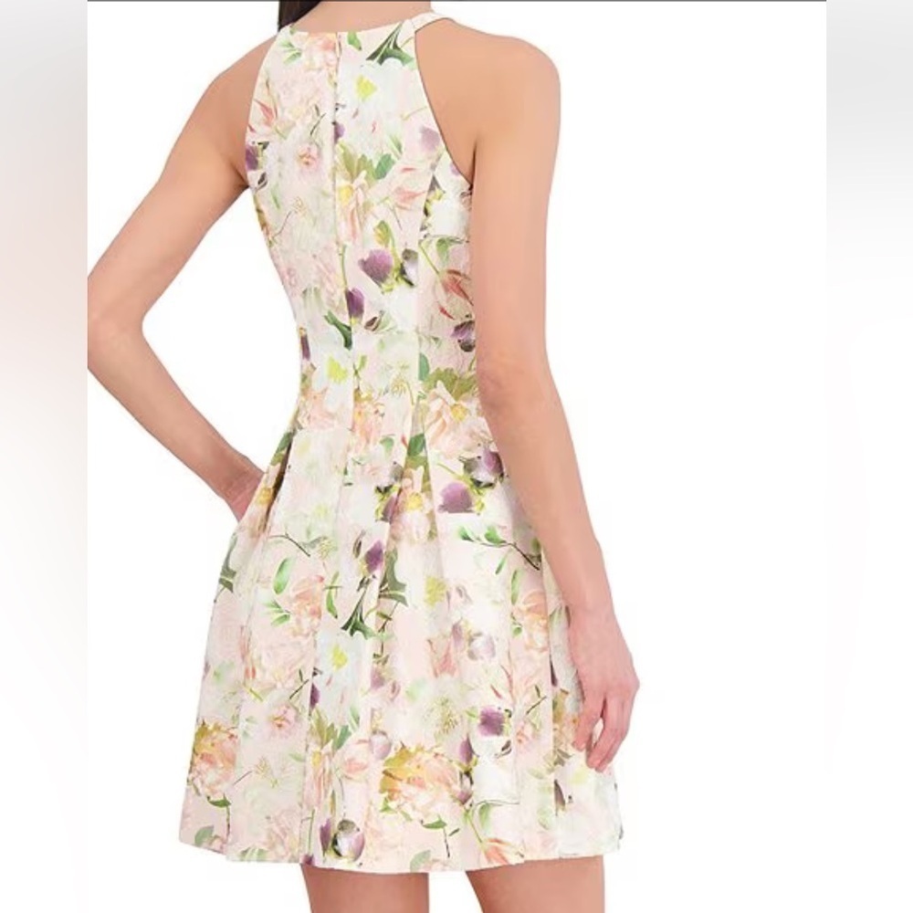 Vince Camuto White Floral Fit-and-Flare Midi Dress with Green Accents